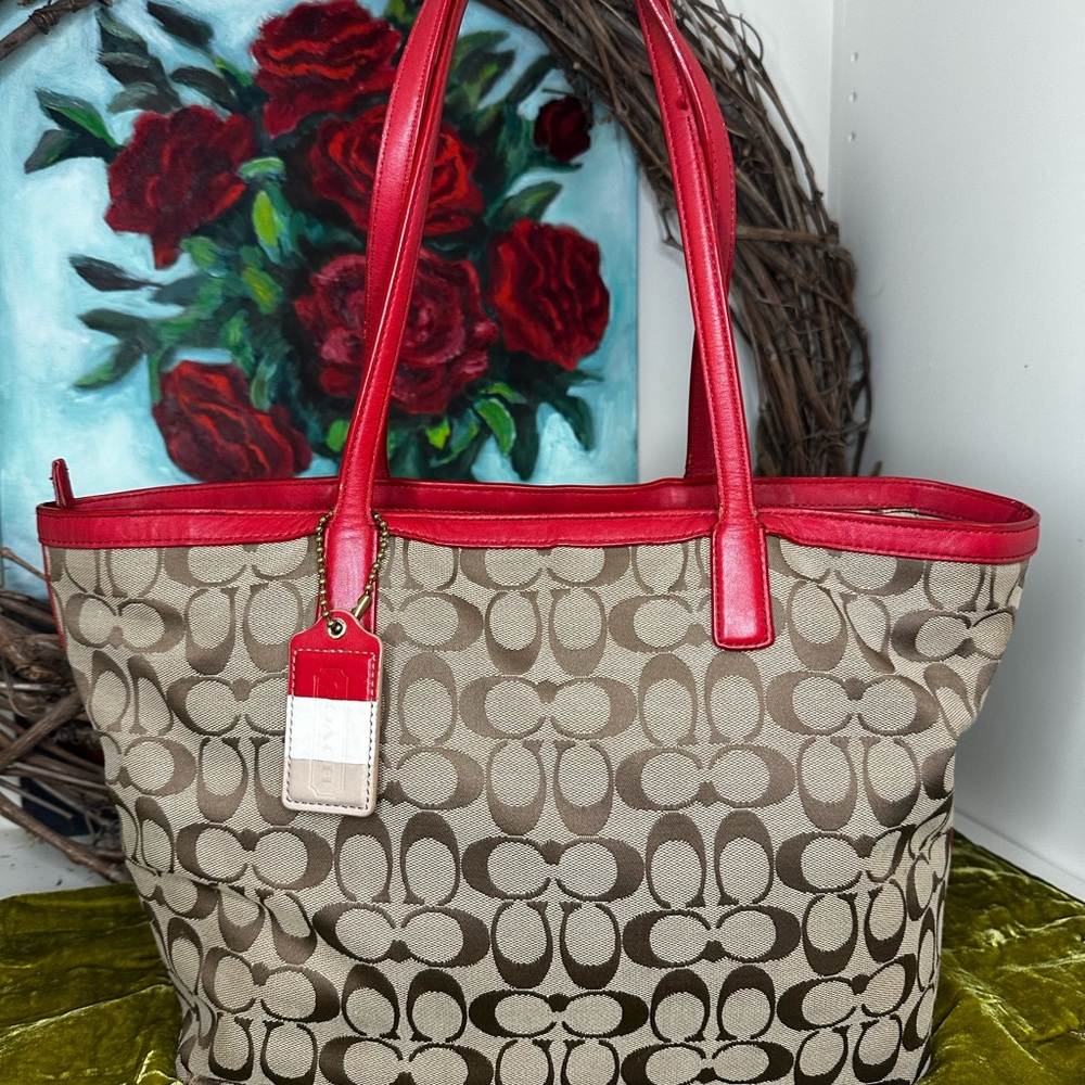 Stylish Red and Brown COACH Tote Bag